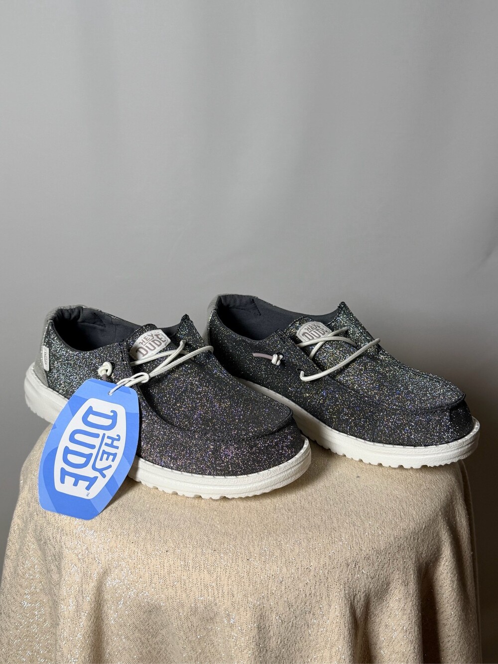 Hey Dude Wendy Metallic Sparkle Charcoal Grey Slip-On Shoes Women's